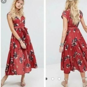 Free People All I Got Tiered Red Floral Maxi Dress Size 2